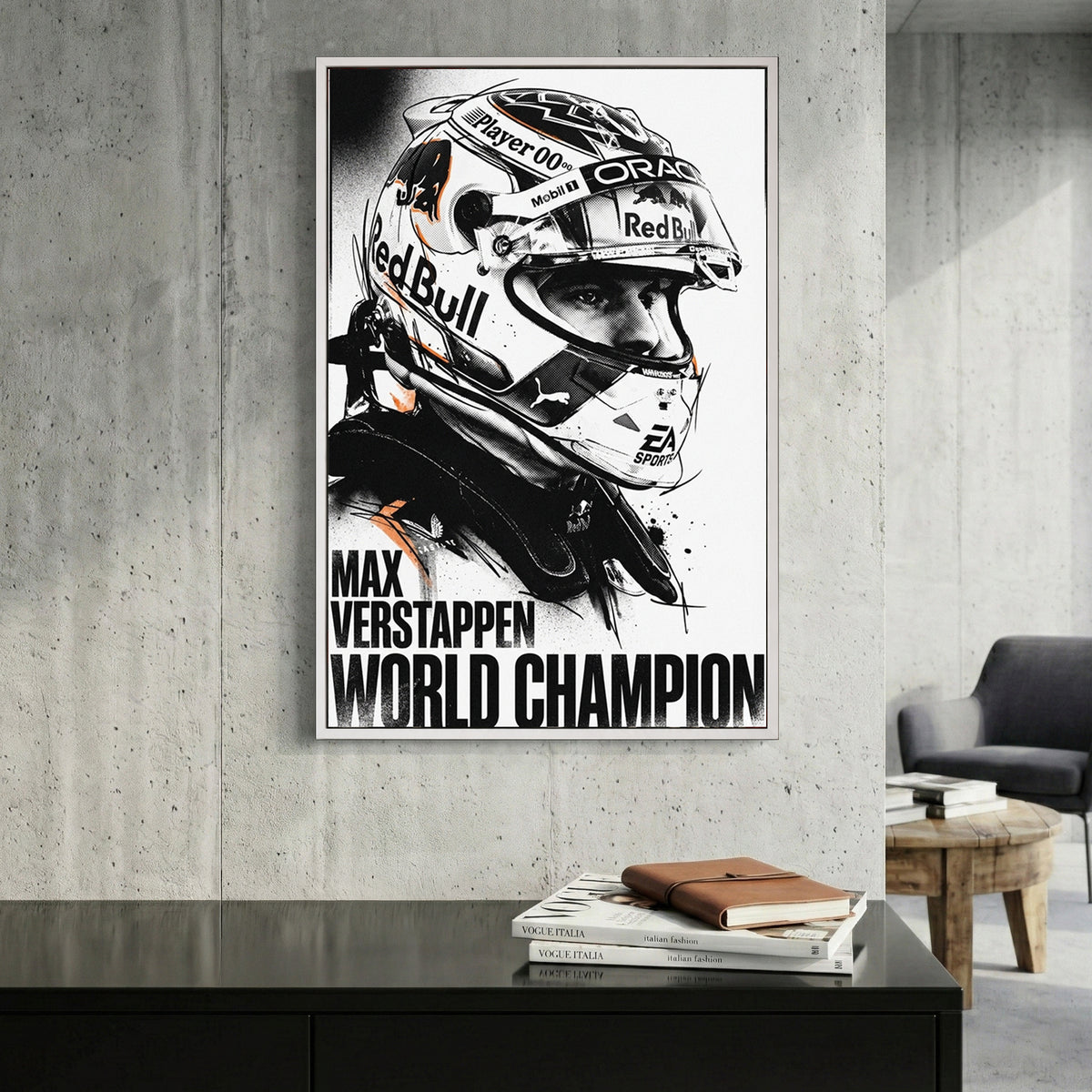Max Verstappen World Champion F1 canvas wall art print displayed in a styled living room