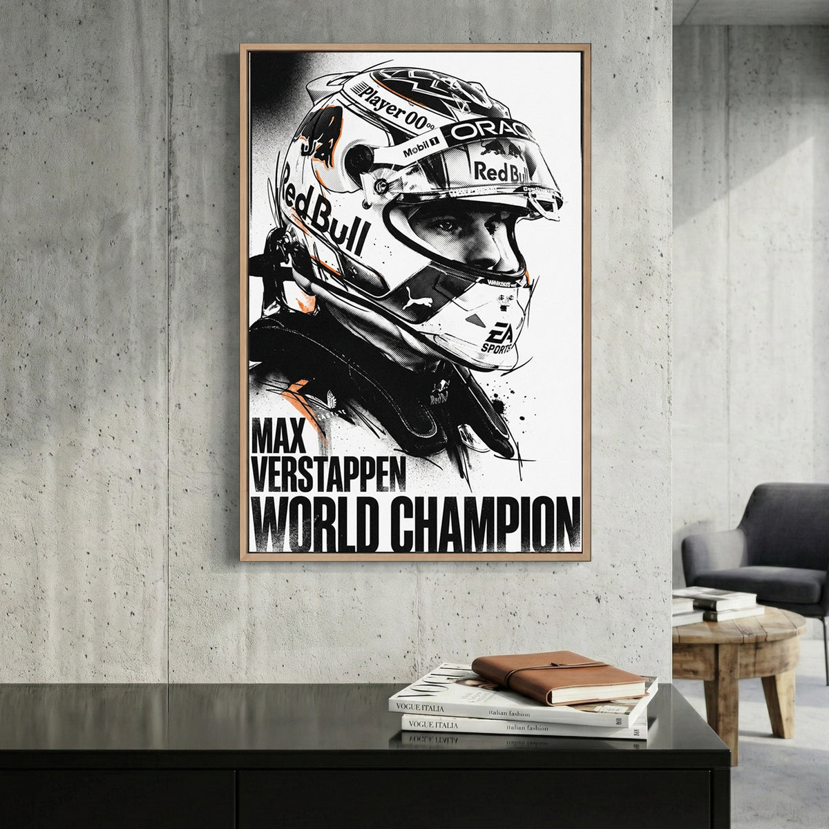 Max Verstappen World Champion F1 canvas wall art print displayed in a styled living room