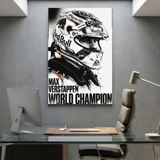 Max Verstappen World Champion F1 canvas wall art print displayed in a styled living room