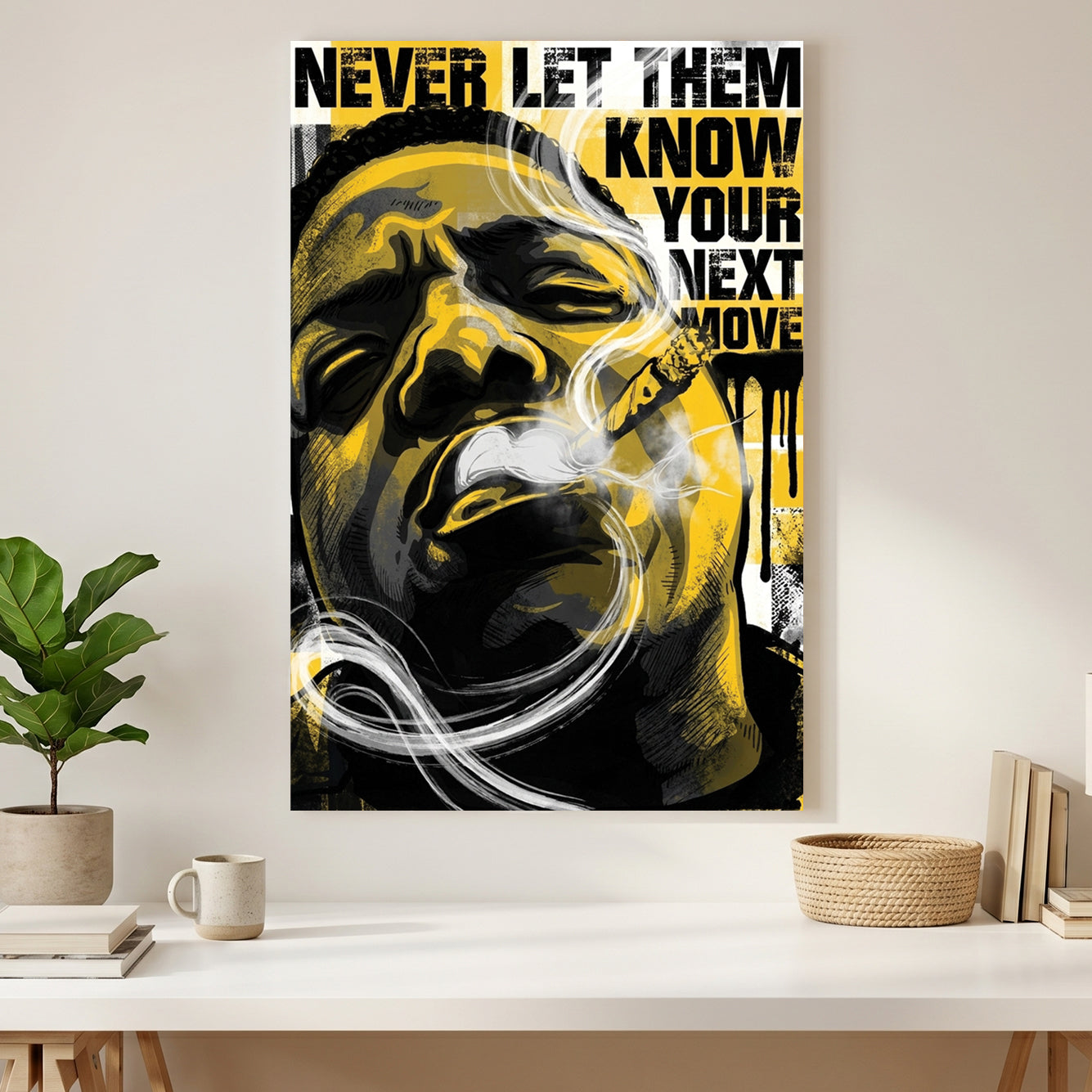 Notorious BIG Never Let Them Know Pop Art canvas wall art print styled in a modern interior