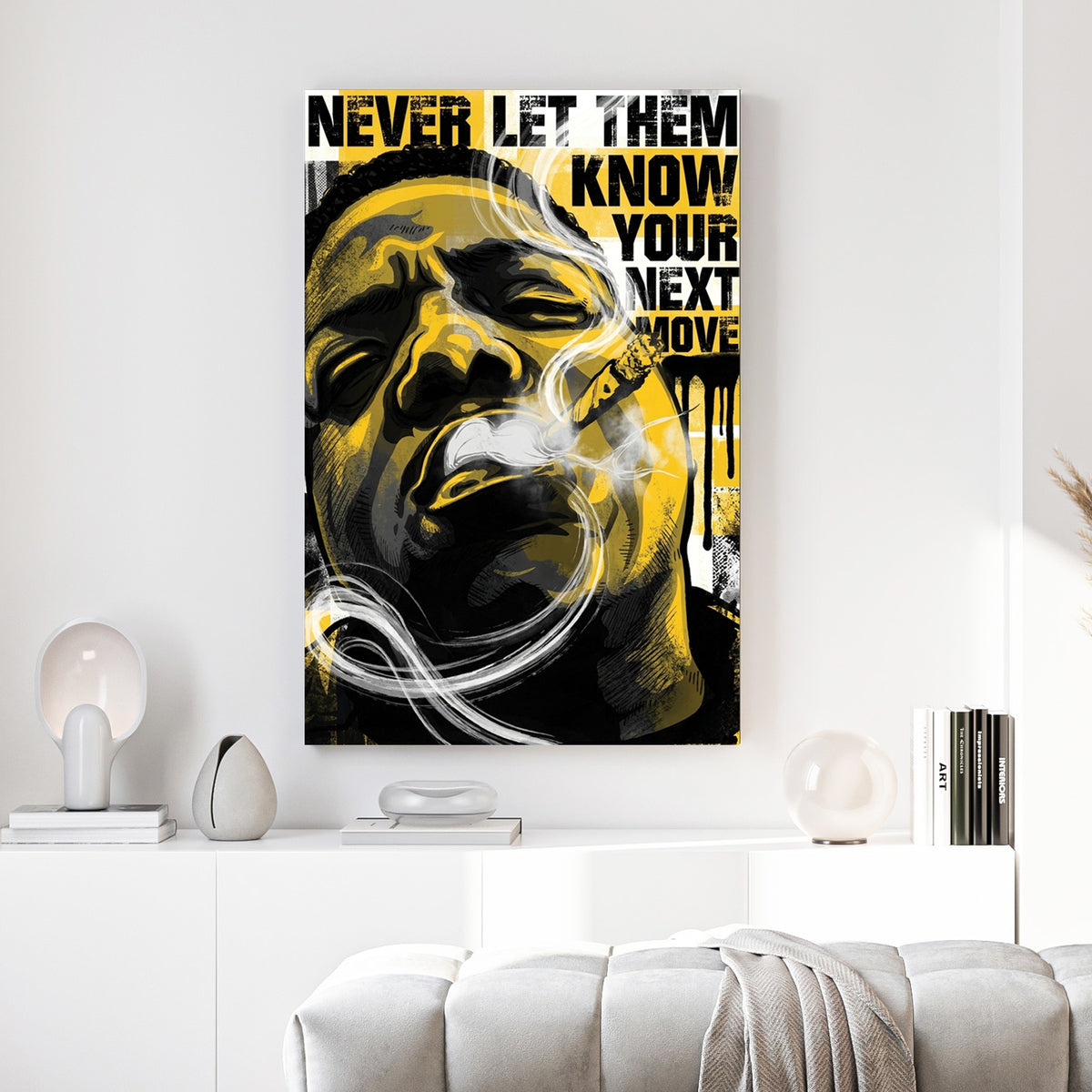 Notorious BIG Never Let Them Know Pop Art canvas wall art print above a sofa in a contemporary living room