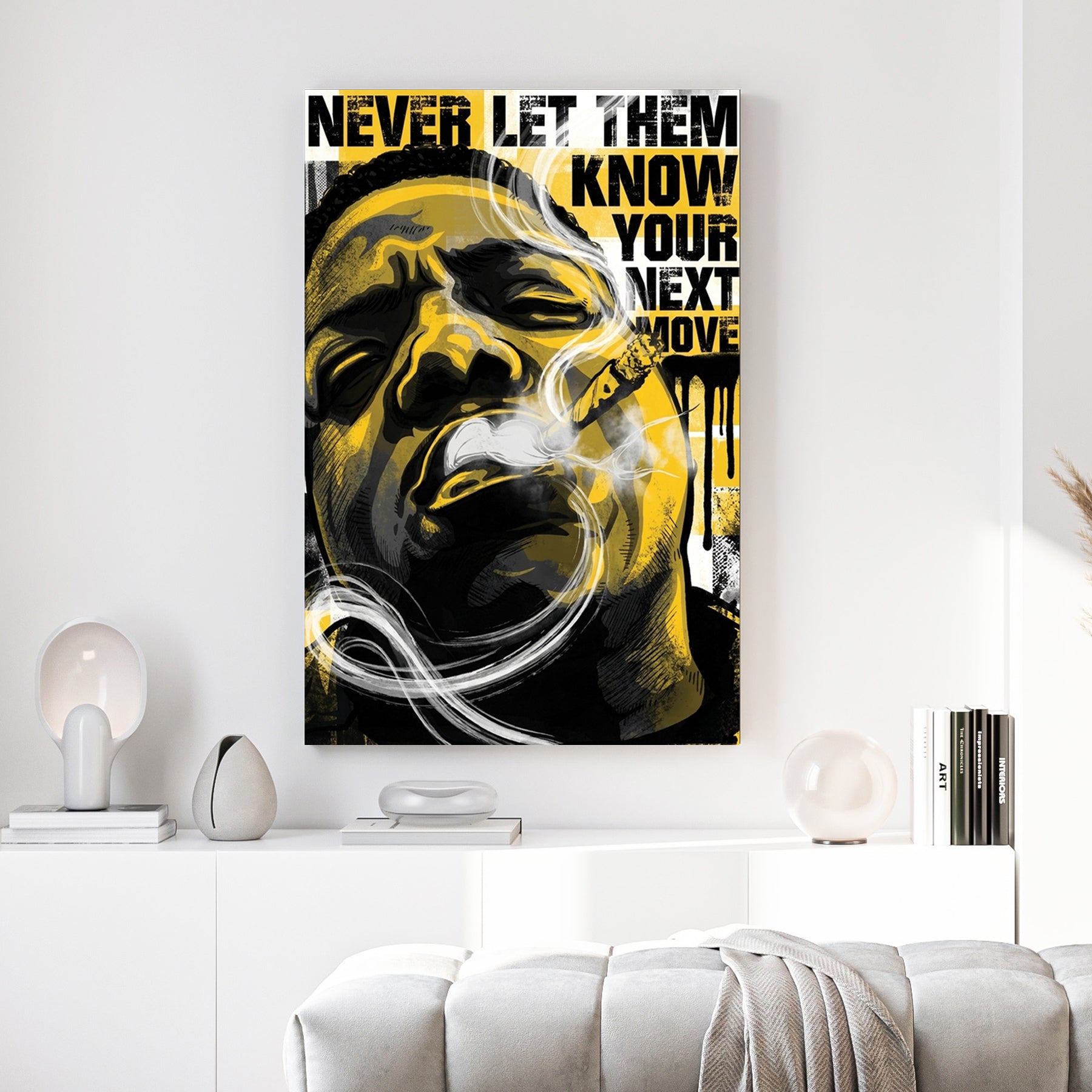 Notorious BIG Never Let Them Know Pop Art canvas wall art print above a sofa in a contemporary living room