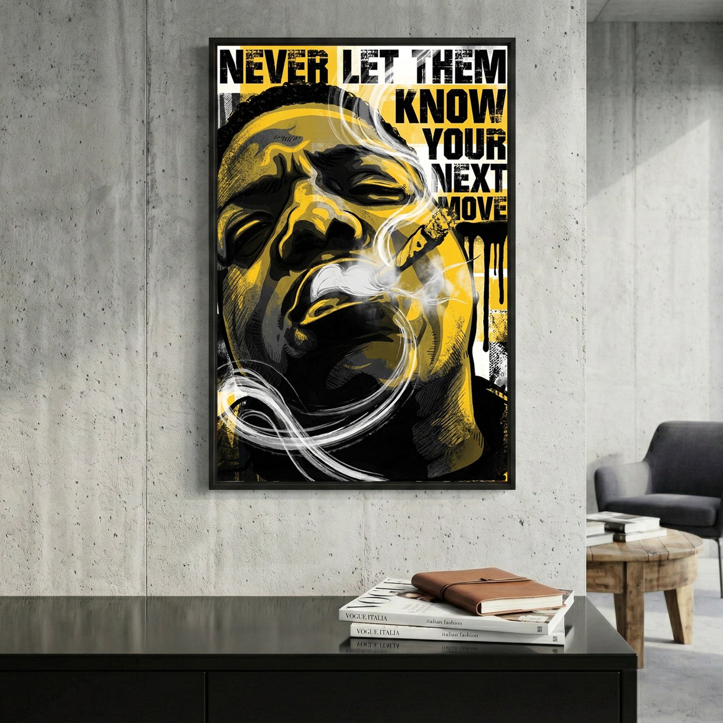 Notorious BIG Never Let Them Know Pop Art framed canvas wall art print in a gallery-style display