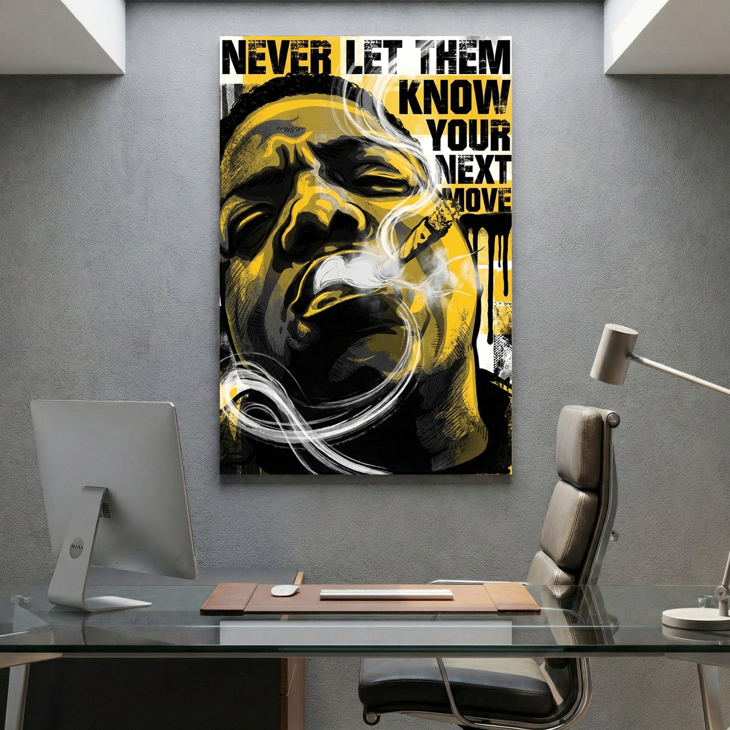 Notorious BIG Never Let Them Know Pop Art canvas wall art print displayed in a styled living room