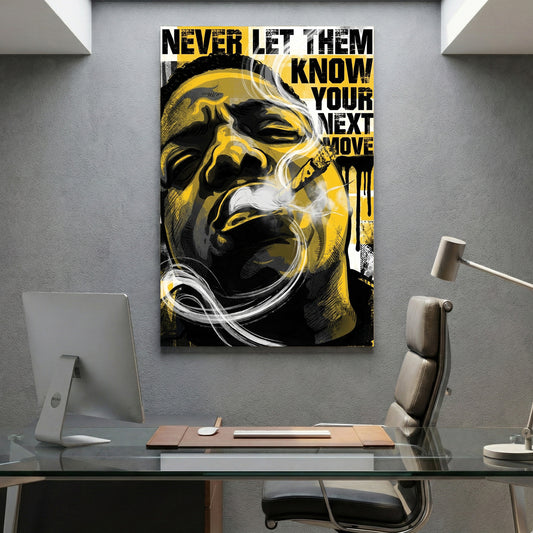 Notorious BIG Never Let Them Know Pop Art canvas wall art print displayed in a styled living room