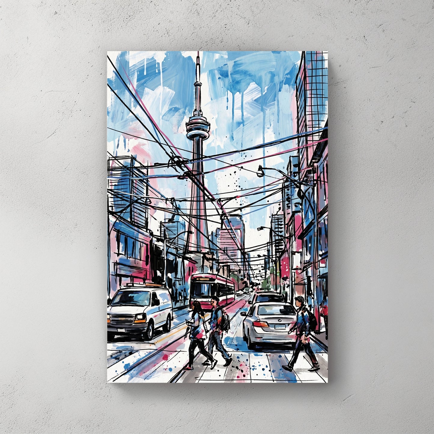 CN Tower portrait, watercolour street scene, streetcar, pedestrians crossing, hydro wires, blue and pink sky — canvas wall art print