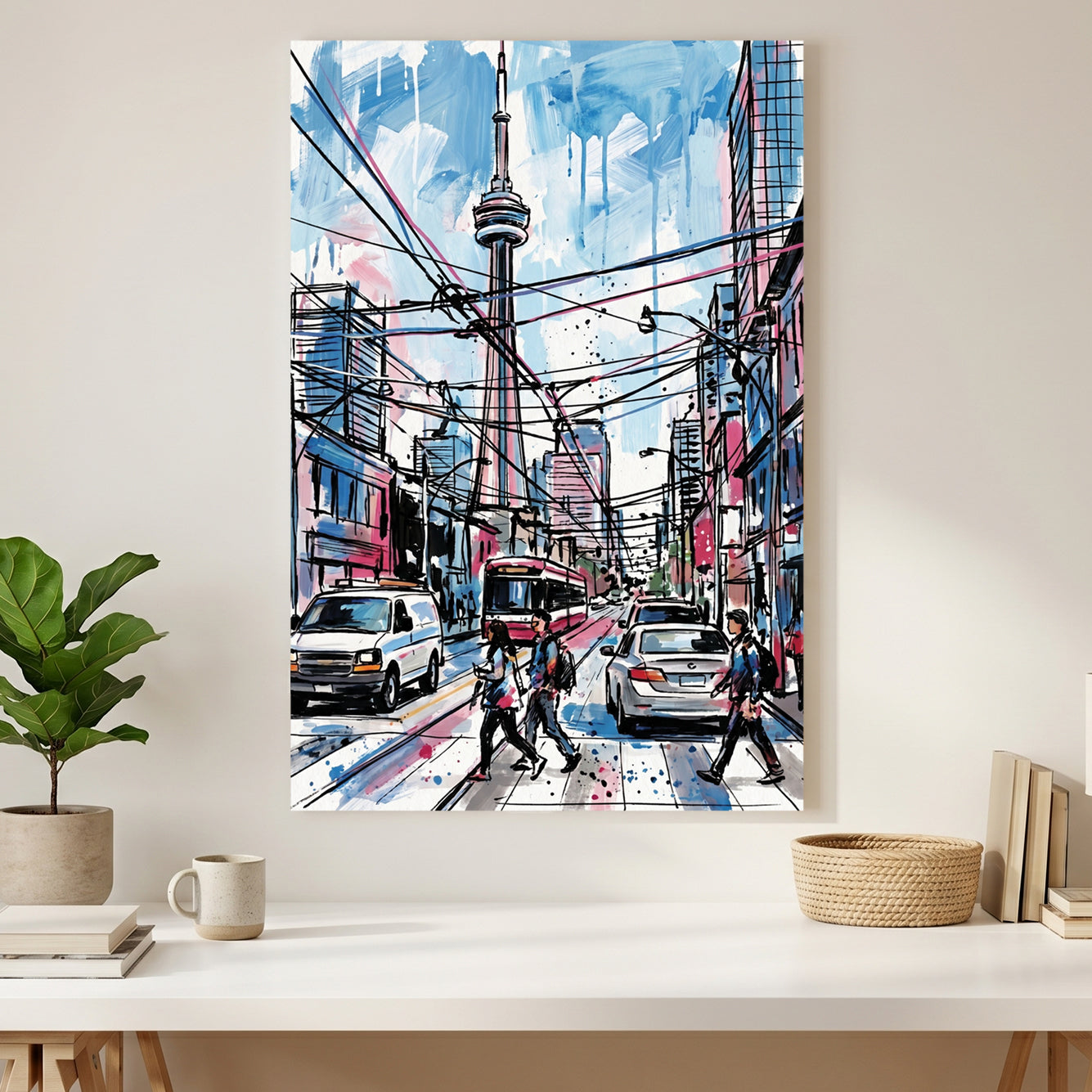 Toronto CN Tower Street Scene canvas wall art print styled in a modern interior