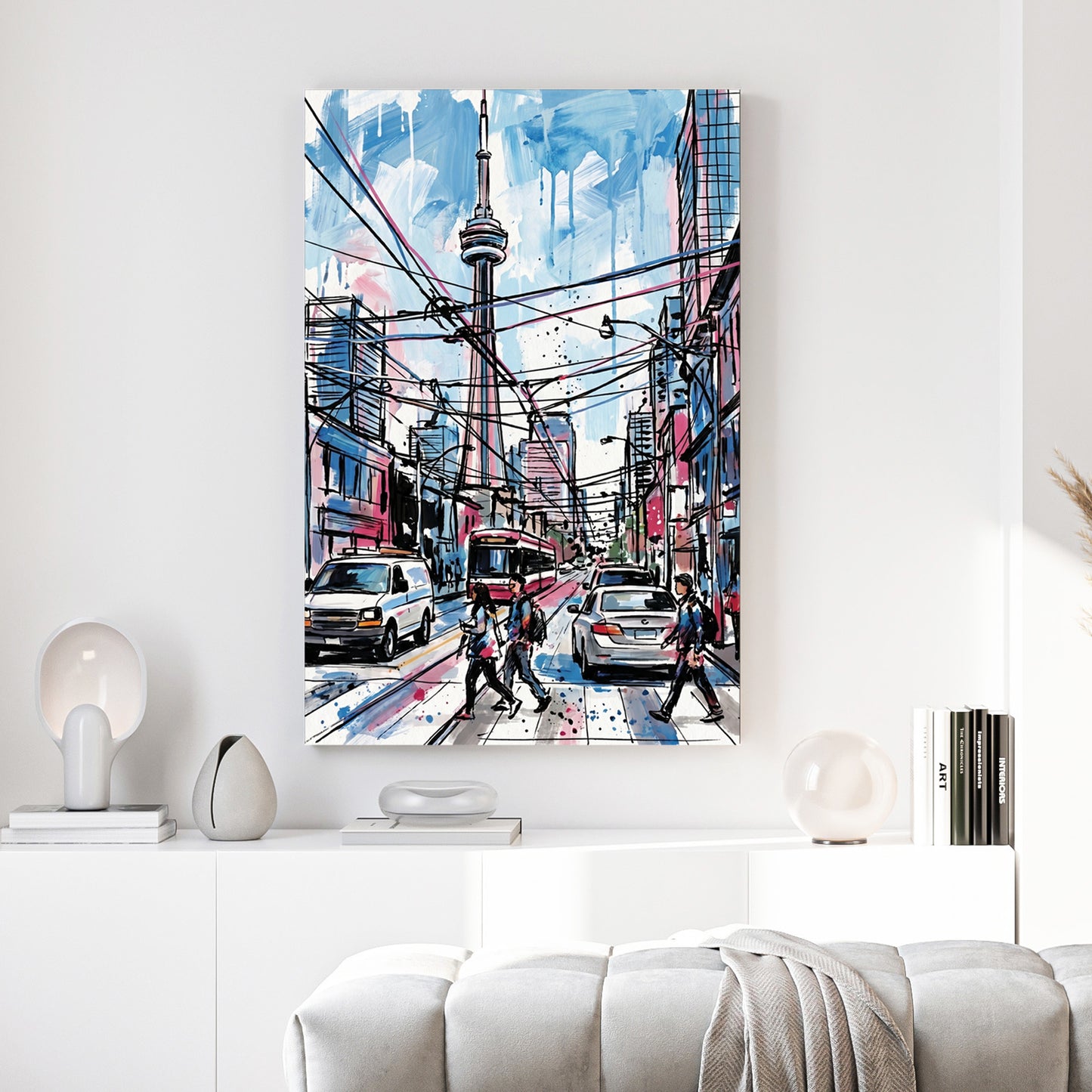 Toronto CN Tower Street Scene canvas wall art print above a sofa in a contemporary living room
