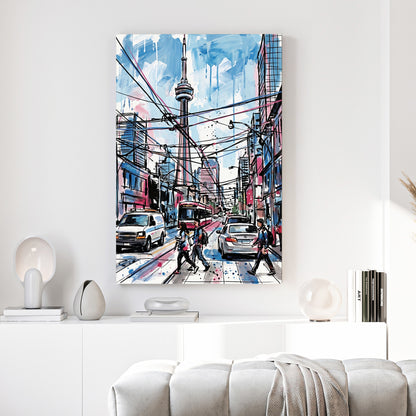 Toronto CN Tower Street Scene canvas wall art print above a sofa in a contemporary living room