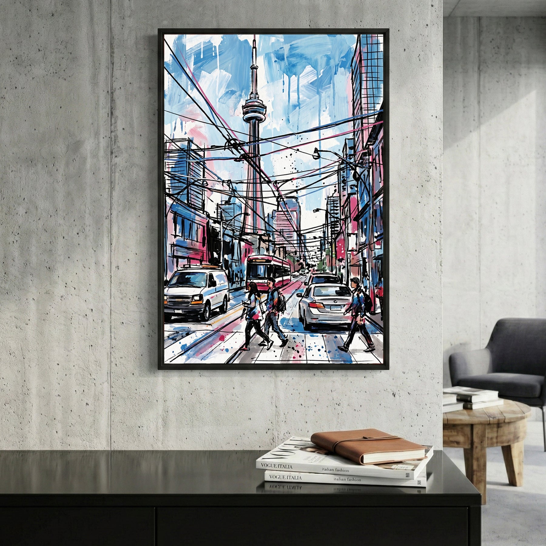 Toronto CN Tower Street Scene framed canvas wall art print in a gallery-style display