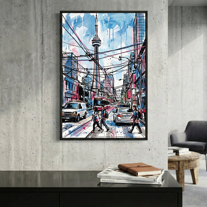 Toronto CN Tower Street Scene framed canvas wall art print in a gallery-style display