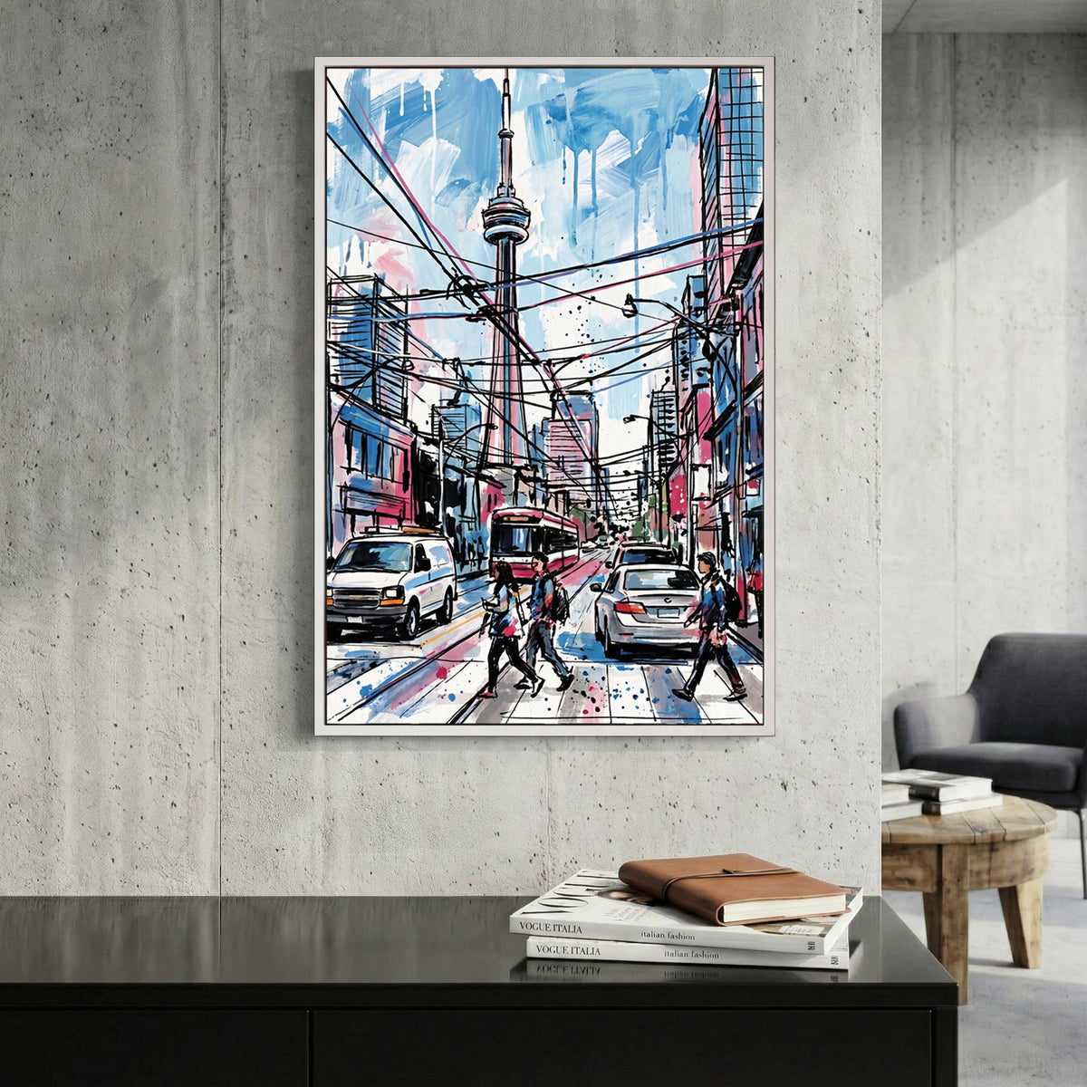 Toronto CN Tower Street Scene canvas wall art print displayed in a styled living room
