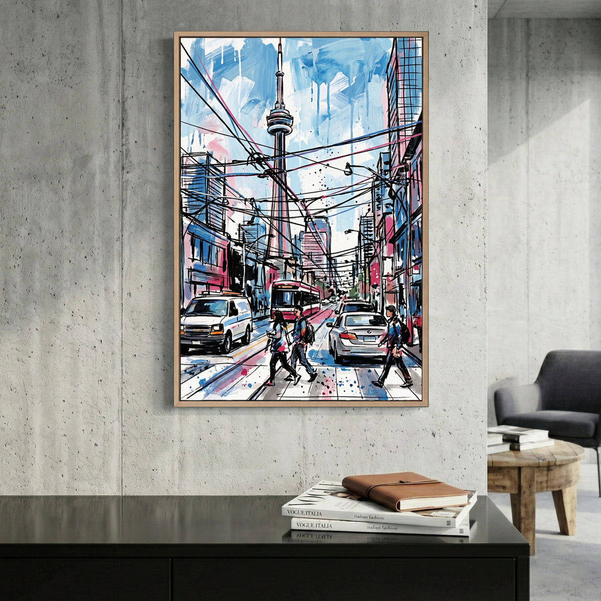 Toronto CN Tower Street Scene canvas wall art print displayed in a styled living room