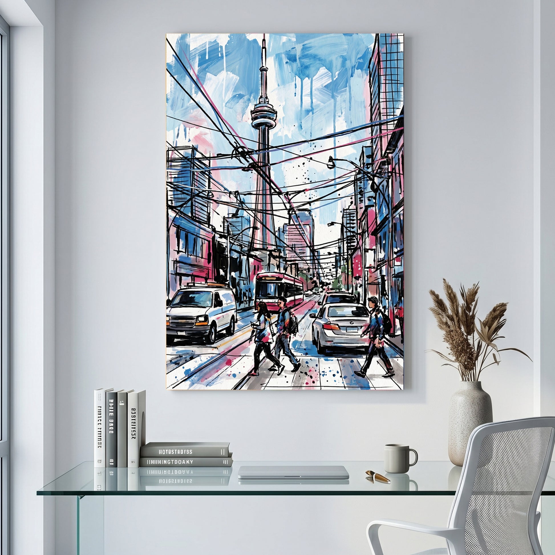 Toronto CN Tower Street Scene canvas wall art print displayed in a styled living room