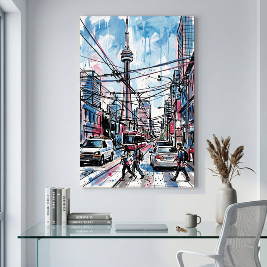 Toronto CN Tower Street Scene canvas wall art print displayed in a styled living room