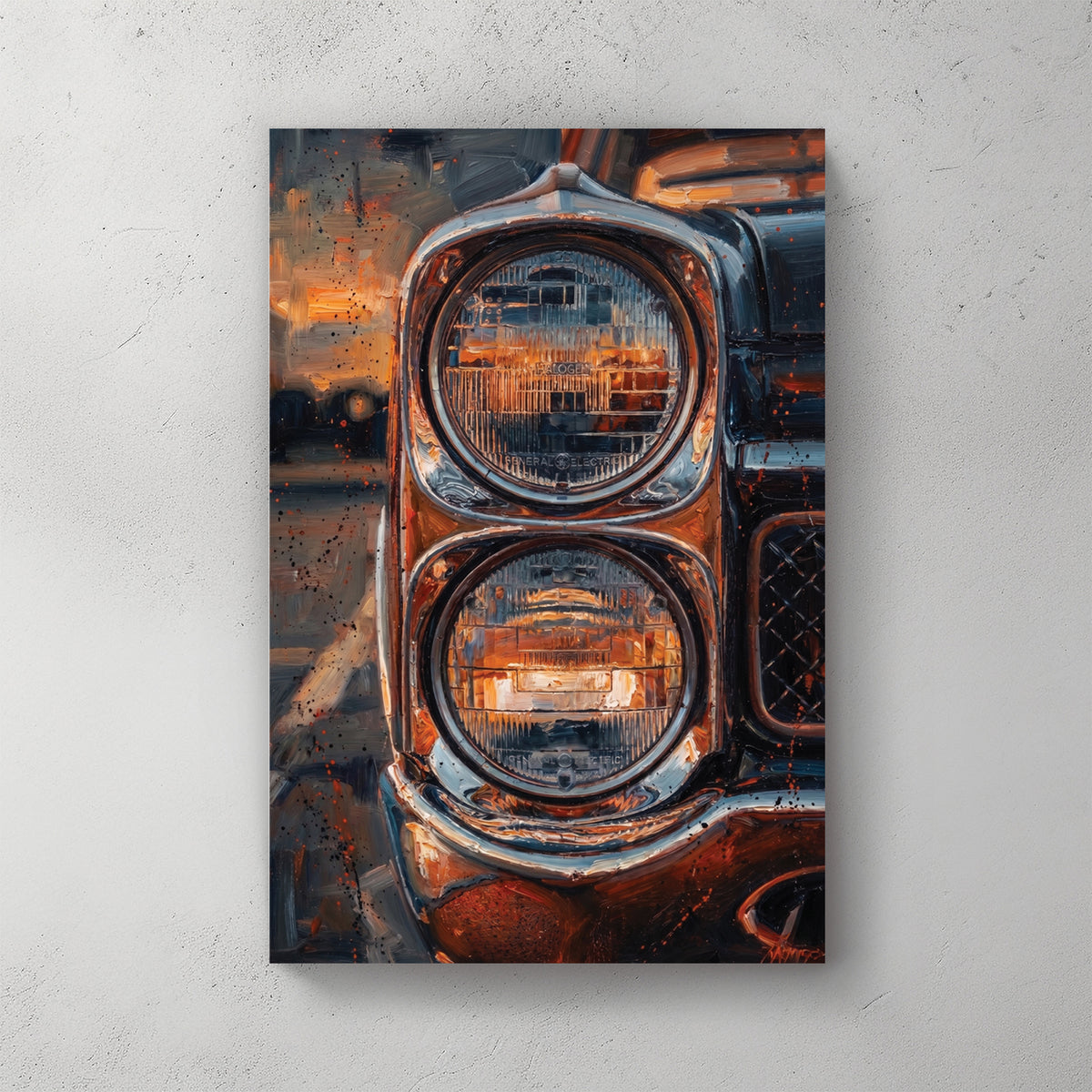 Close-up of vintage muscle car dual round headlights, chrome bumper, copper-orange paintwork with grille, oil painting style — canvas wall art print