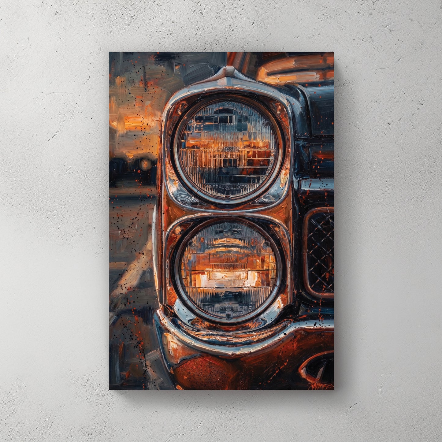 Close-up of vintage muscle car dual round headlights, chrome bumper, copper-orange paintwork with grille, oil painting style — canvas wall art print