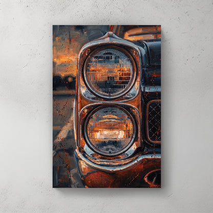 Close-up of vintage muscle car dual round headlights, chrome bumper, copper-orange paintwork with grille, oil painting style — canvas wall art print
