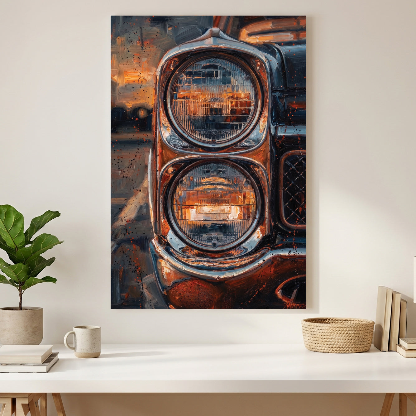 Vintage Classic Car canvas wall art print styled in a modern interior