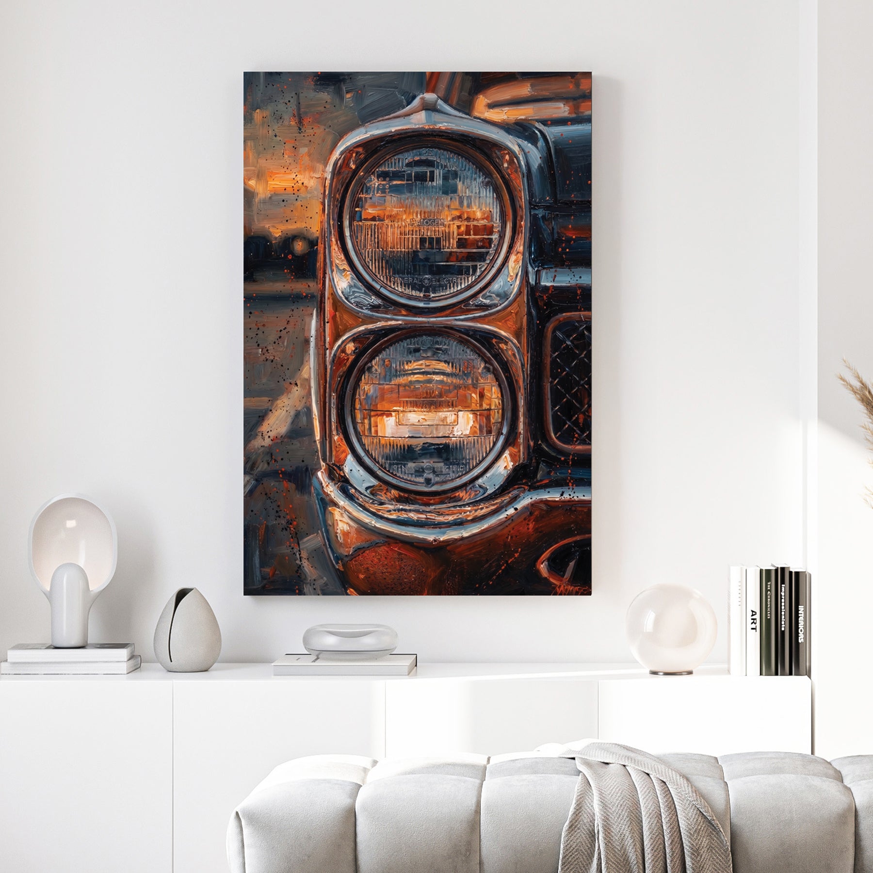 Vintage Classic Car canvas wall art print above a sofa in a contemporary living room