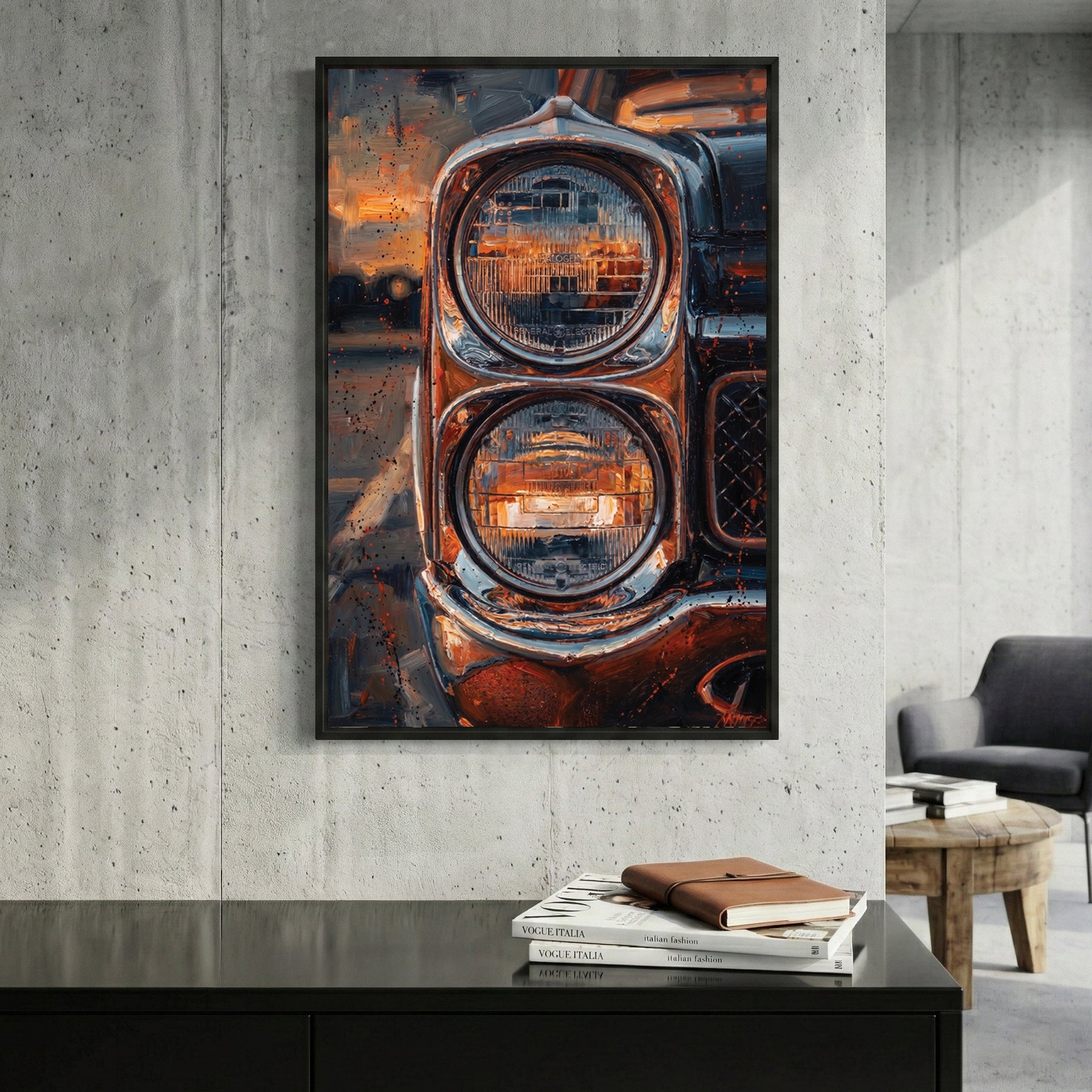 Vintage Classic Car framed canvas wall art print in a gallery-style display