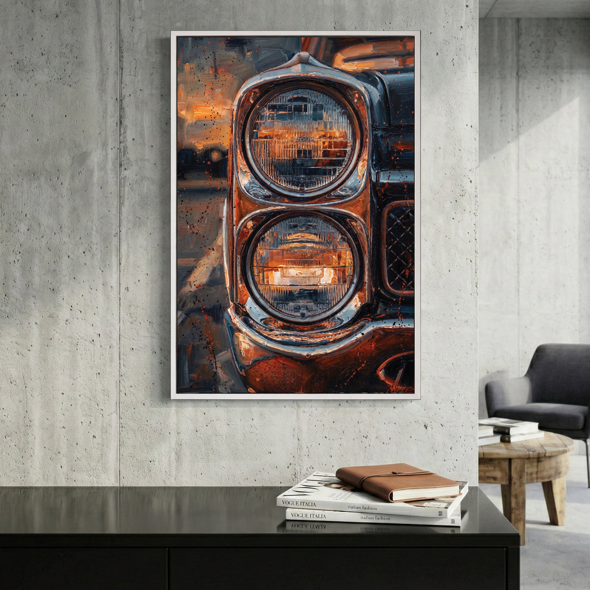 Vintage Classic Car canvas wall art print displayed in a styled living room
