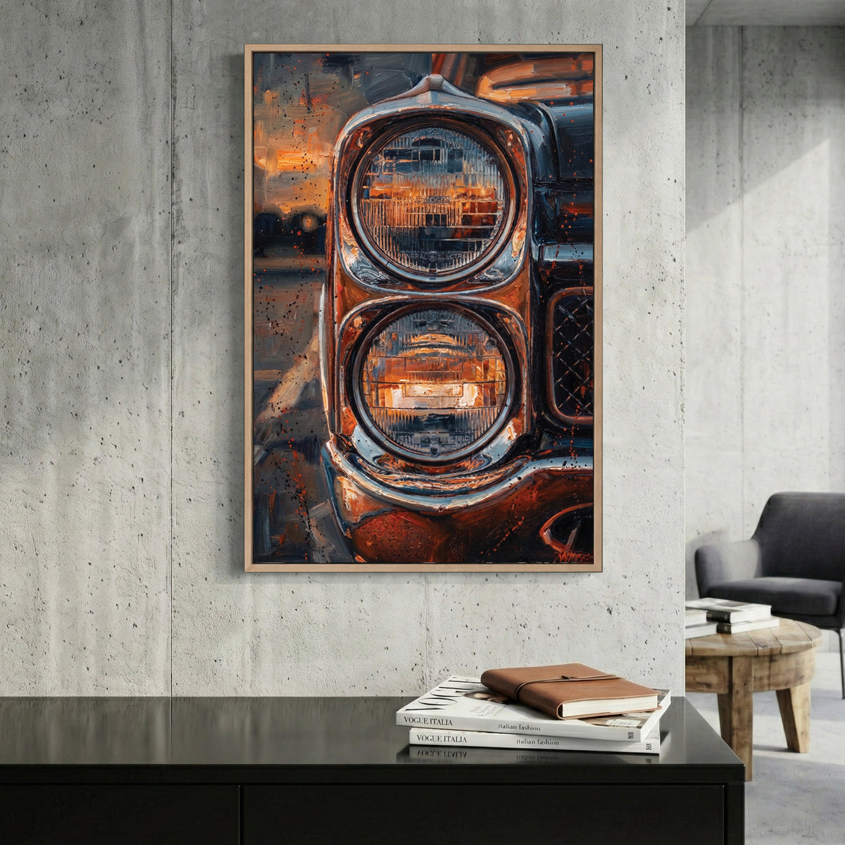 Vintage Classic Car canvas wall art print displayed in a styled living room