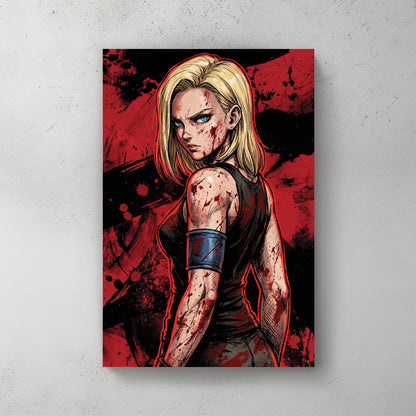Android 18, blonde hair, blue eyes, blood splatter, red and black background, comic style — canvas wall art print