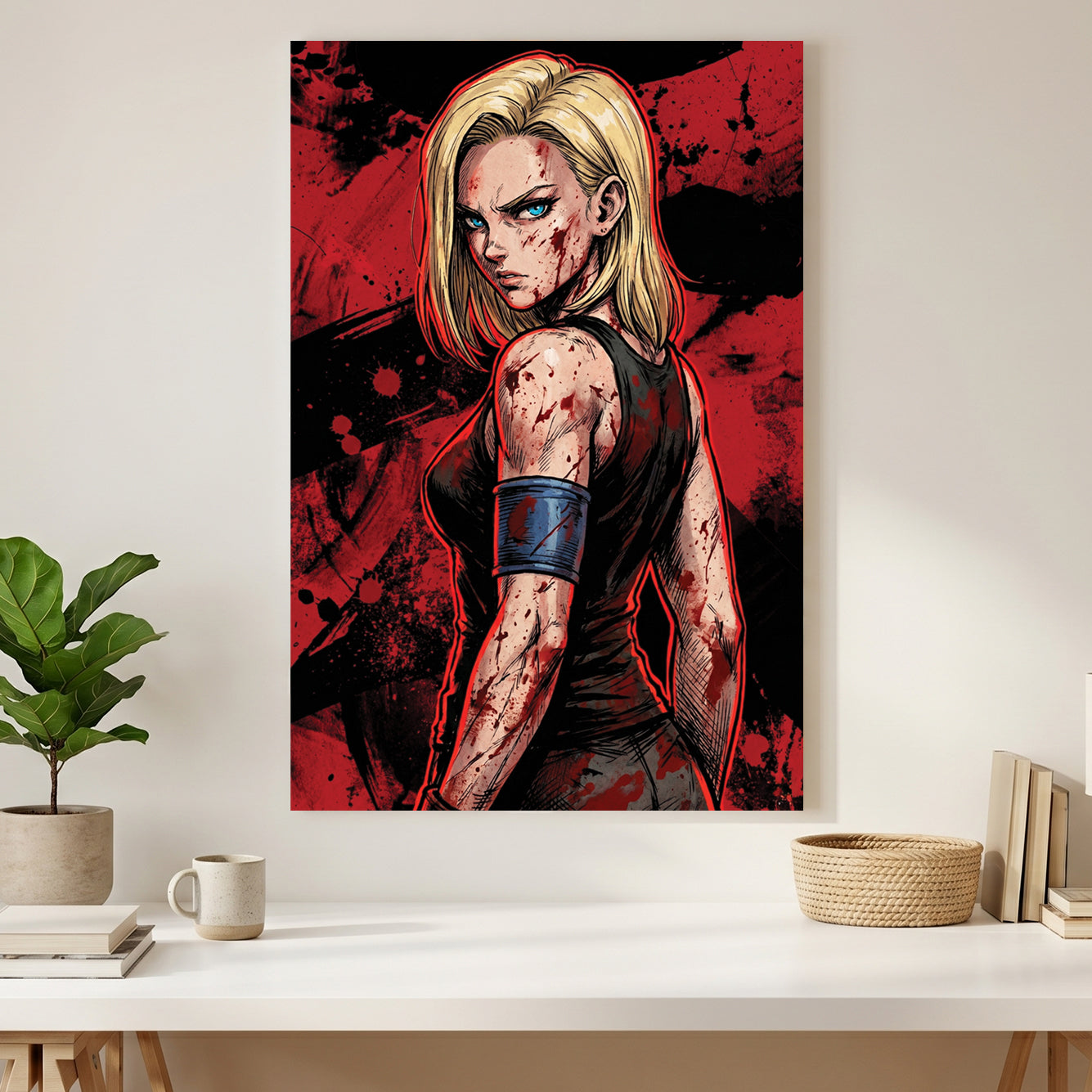 Android 18 Dragon Ball Z Anime canvas wall art print styled in a modern interior