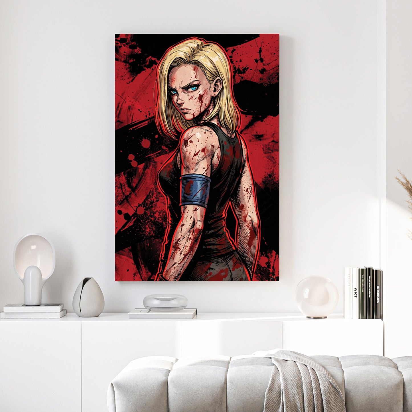 Android 18 Dragon Ball Z Anime canvas wall art print above a sofa in a contemporary living room