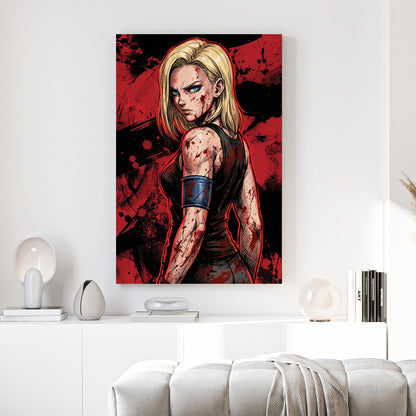 Android 18 Dragon Ball Z Anime canvas wall art print above a sofa in a contemporary living room