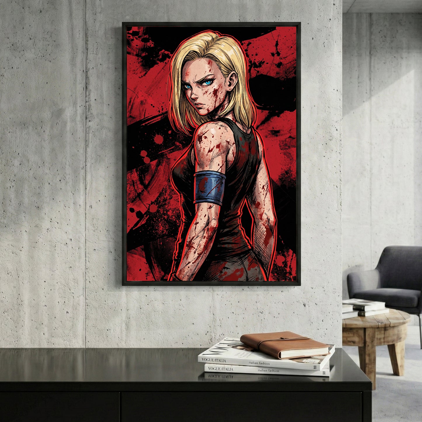 Android 18 Dragon Ball Z Anime framed canvas wall art print in a gallery-style display