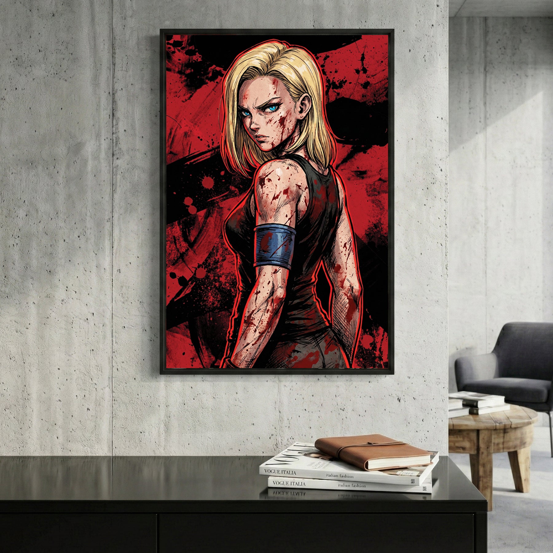 Android 18 Dragon Ball Z Anime framed canvas wall art print in a gallery-style display