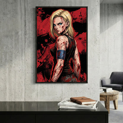 Android 18 Dragon Ball Z Anime framed canvas wall art print in a gallery-style display