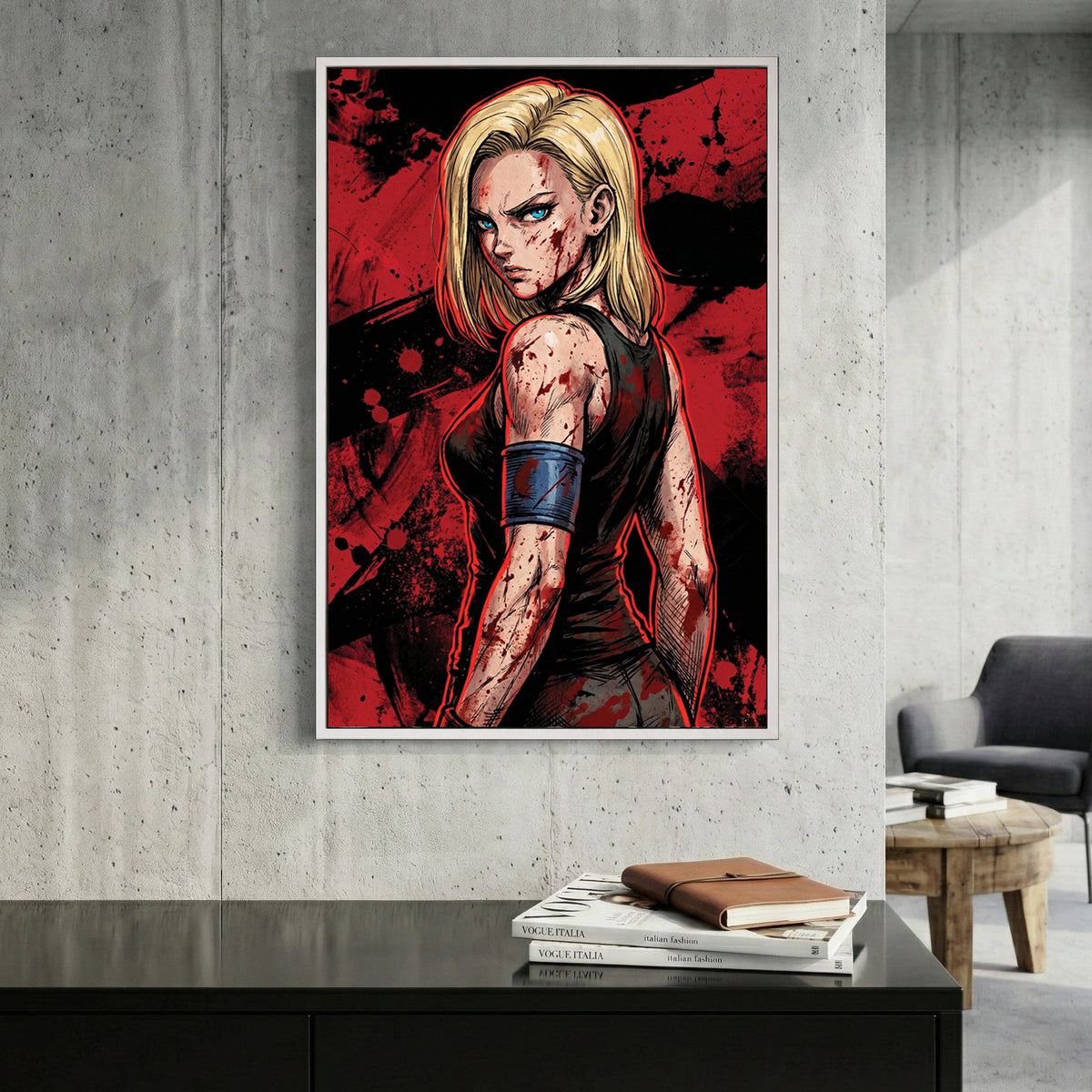 Android 18 Dragon Ball Z Anime canvas wall art print displayed in a styled living room