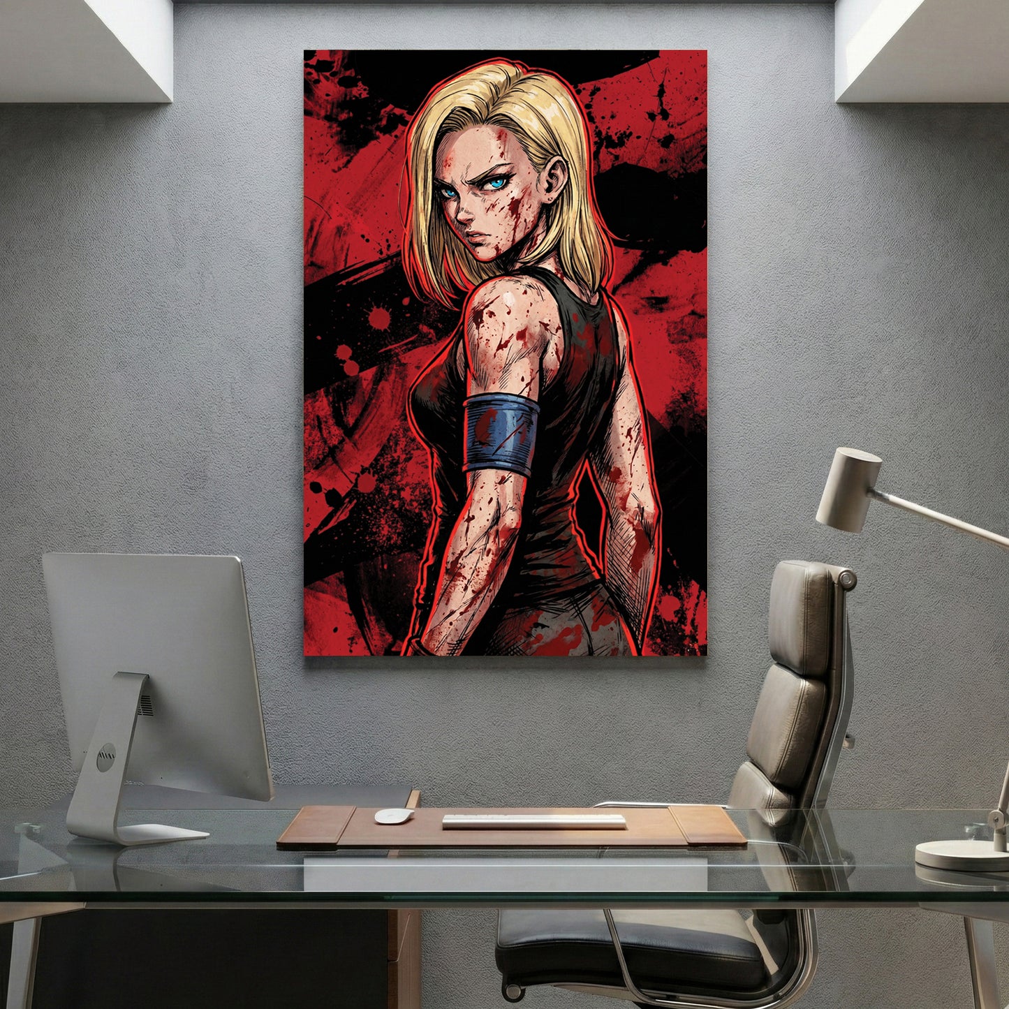 Android 18 Dragon Ball Z Anime canvas wall art print displayed in a styled living room