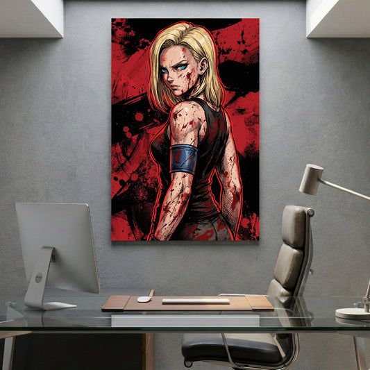 Android 18 Dragon Ball Z Anime canvas wall art print displayed in a styled living room