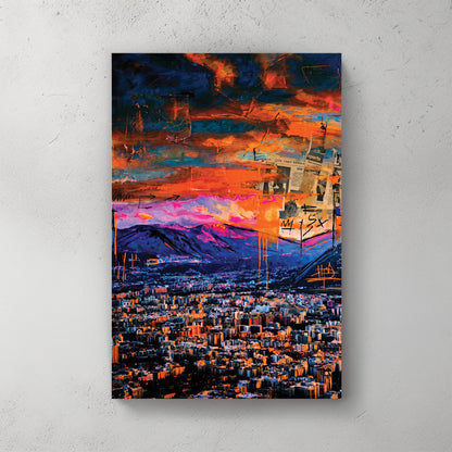 Palermo Sicily cityscape at sunset, deep orange/red sky, mountain backdrop, dense rooftops, mixed media textures — canvas wall art print