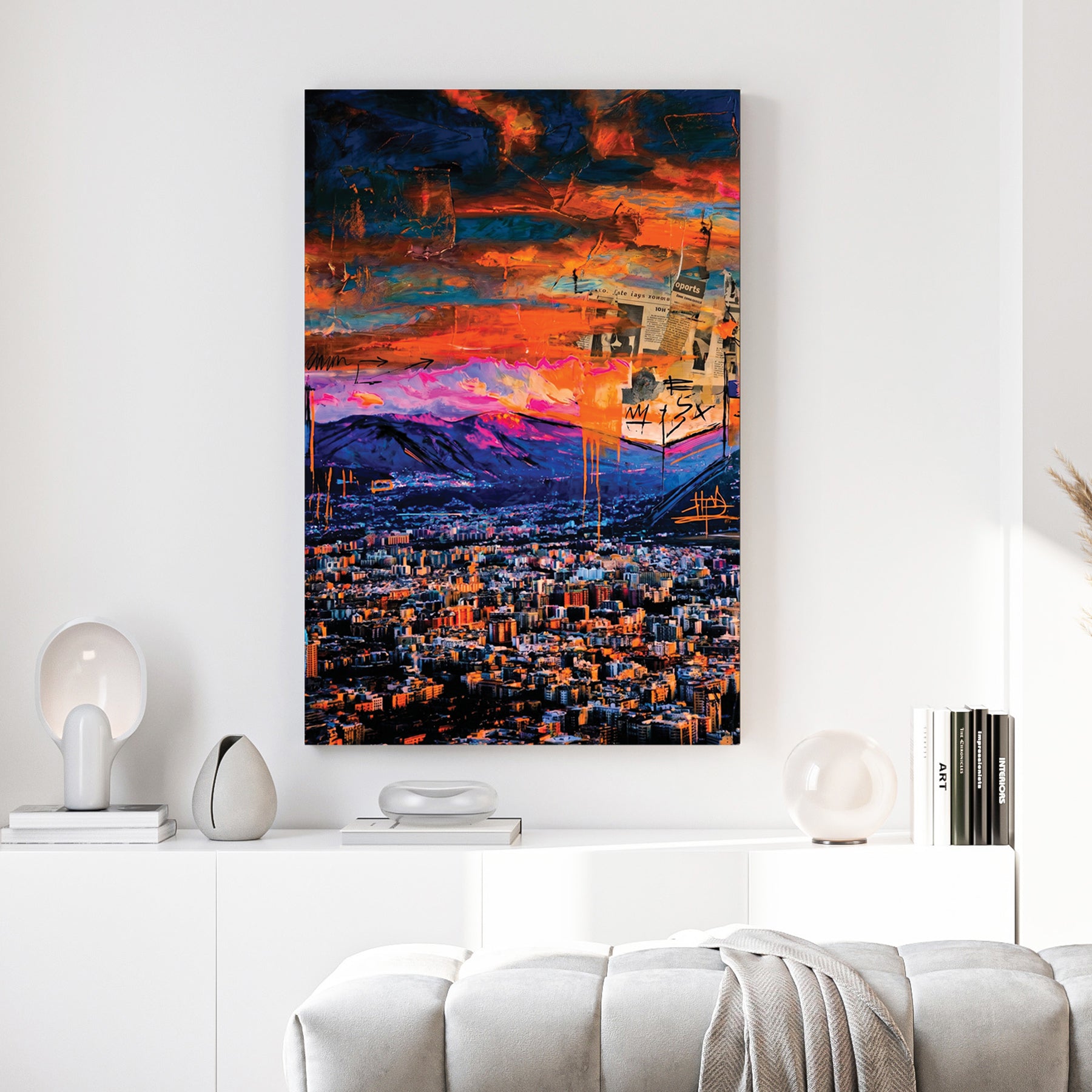 Palermo Sicily Sunset Cityscape canvas wall art print above a sofa in a contemporary living room