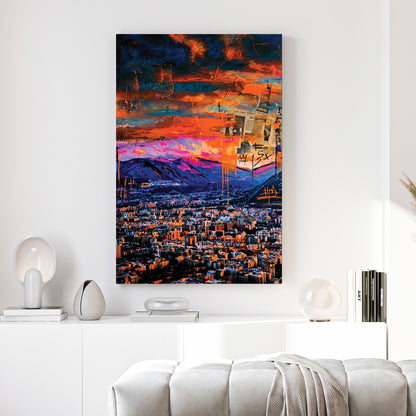 Palermo Sicily Sunset Cityscape canvas wall art print above a sofa in a contemporary living room
