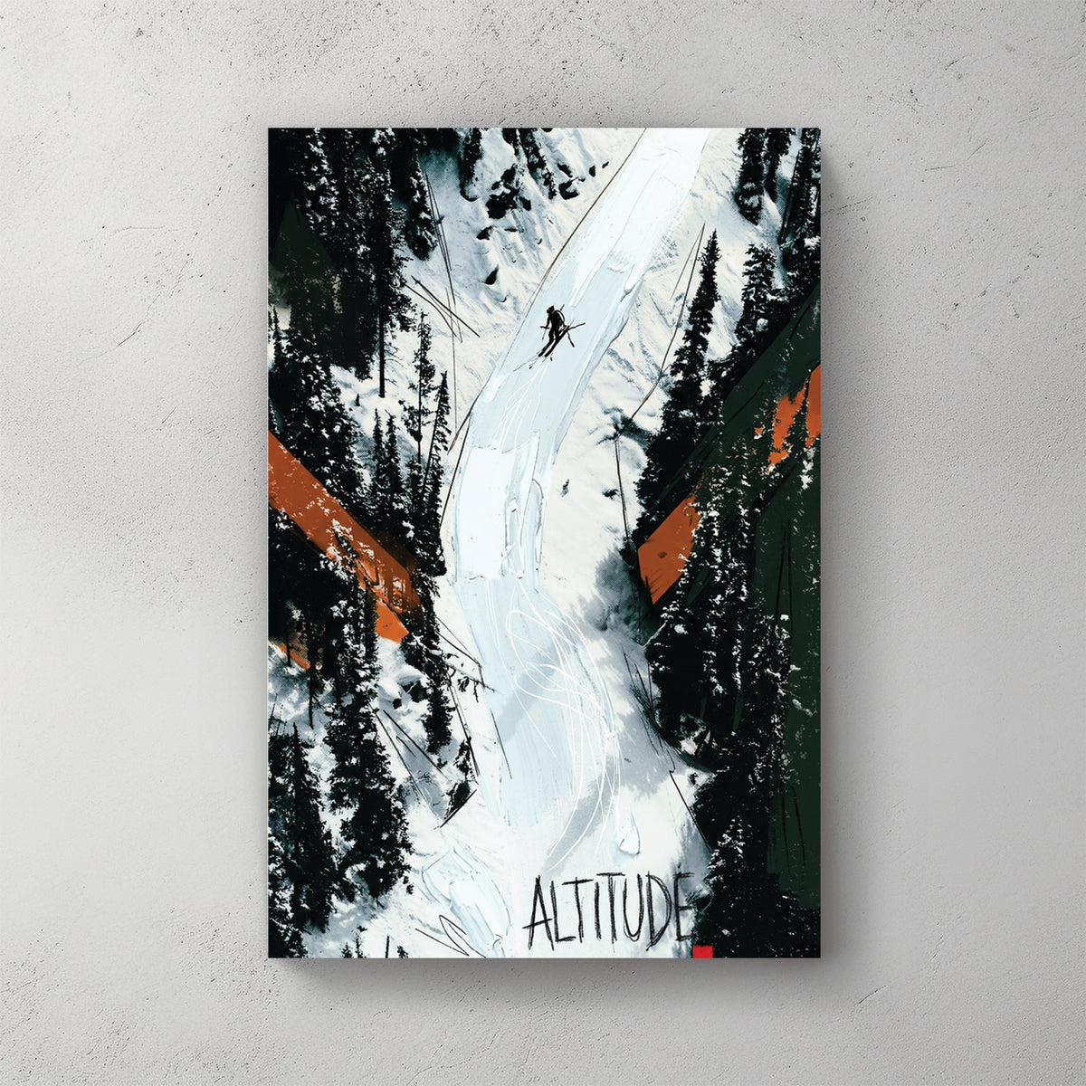 Aerial of a skier dropping a steep snowy chute between dark pines, orange angular accents, ALTITUDE text bottom — canvas wall art print