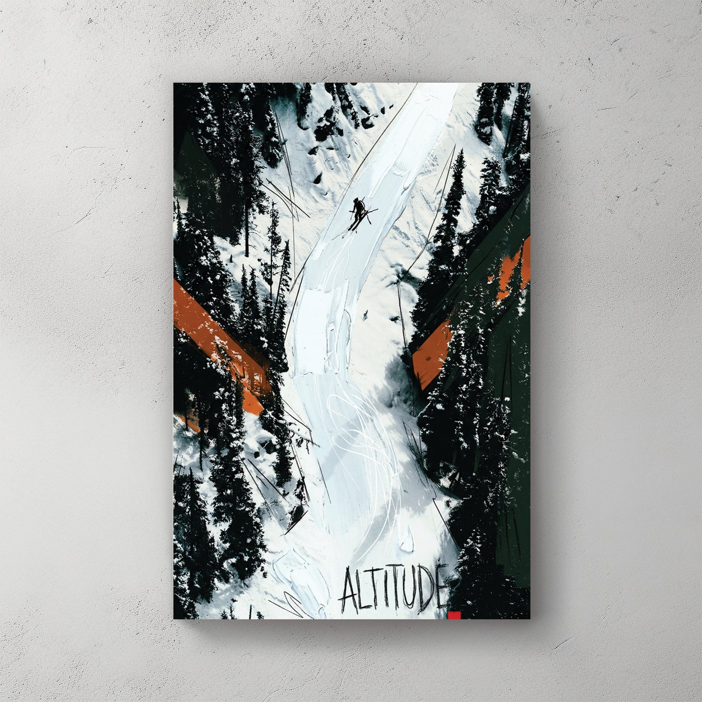 Aerial of a skier dropping a steep snowy chute between dark pines, orange angular accents, ALTITUDE text bottom — canvas wall art print