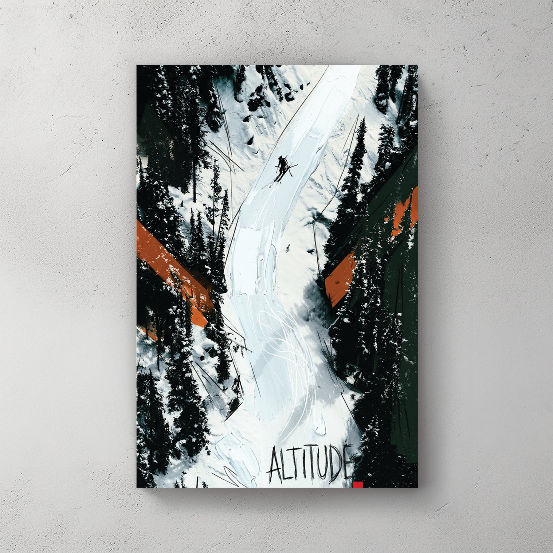 Aerial of a skier dropping a steep snowy chute between dark pines, orange angular accents, ALTITUDE text bottom — canvas wall art print