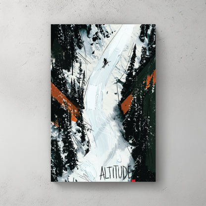 Aerial of a skier dropping a steep snowy chute between dark pines, orange angular accents, ALTITUDE text bottom — canvas wall art print