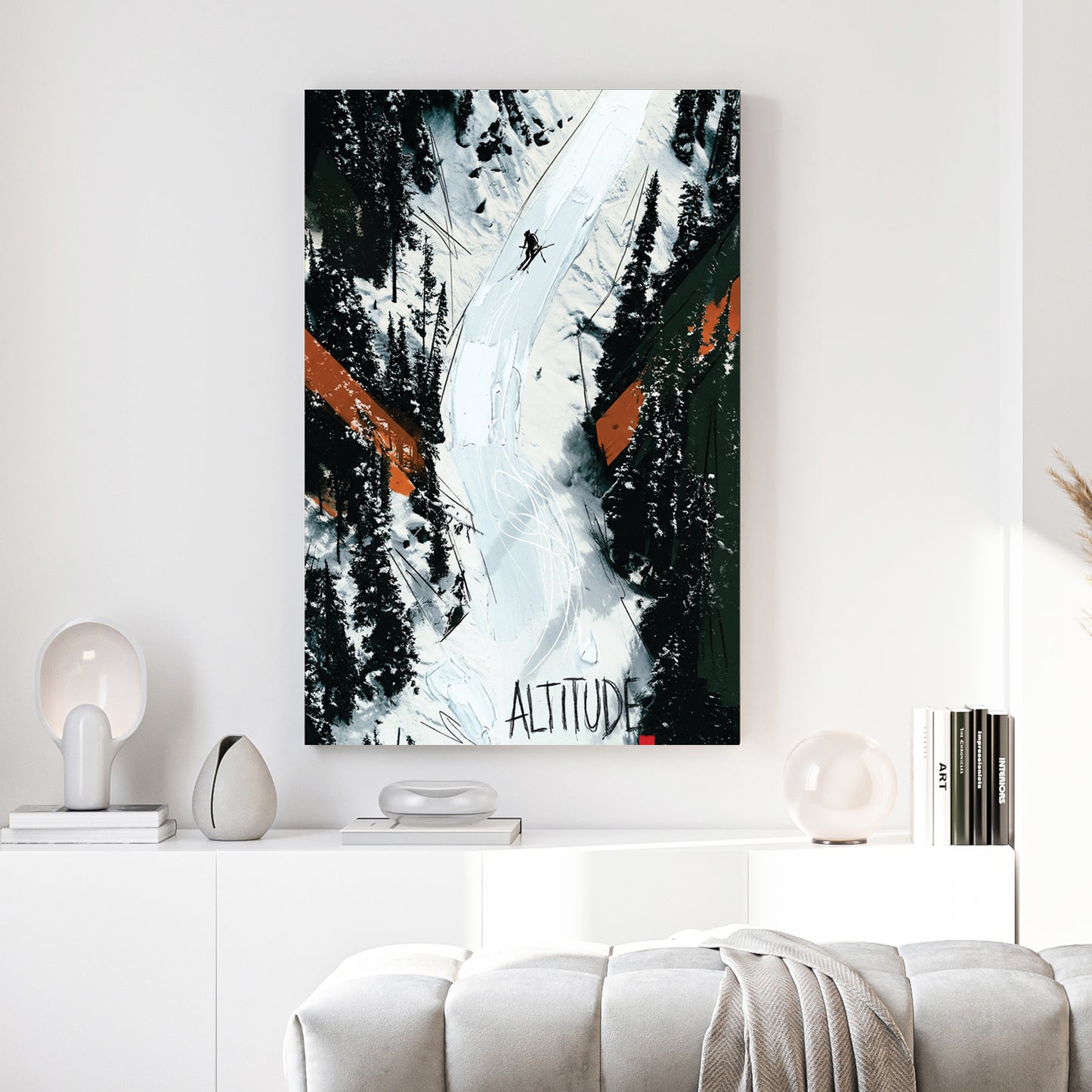 Altitude Ski Slope Mountain canvas wall art print above a sofa in a contemporary living room