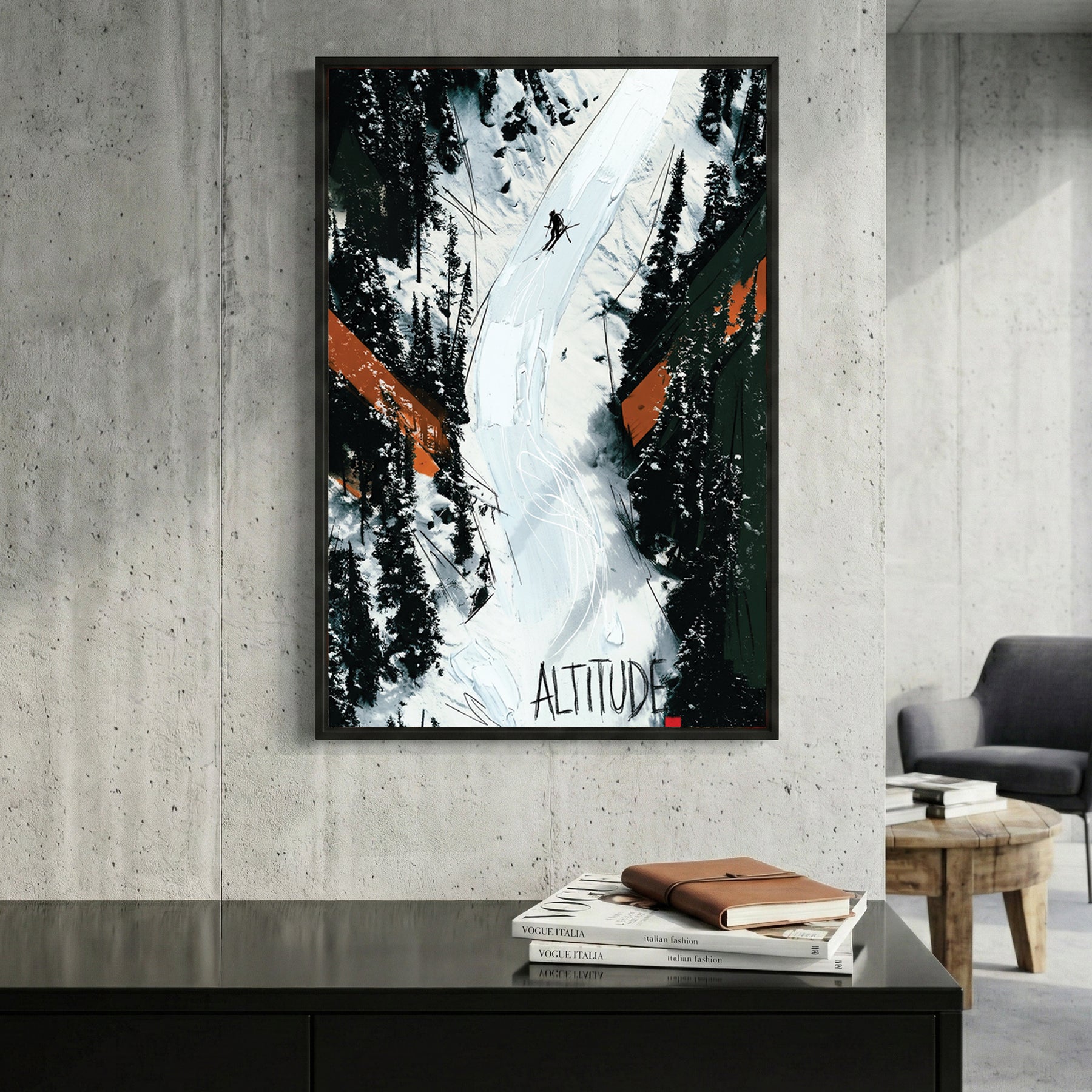 Altitude Ski Slope Mountain framed canvas wall art print in a gallery-style display