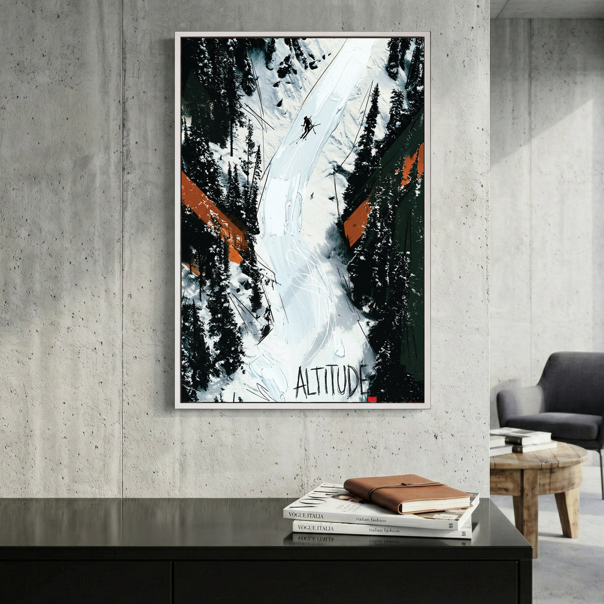 Altitude Ski Slope Mountain canvas wall art print displayed in a styled living room