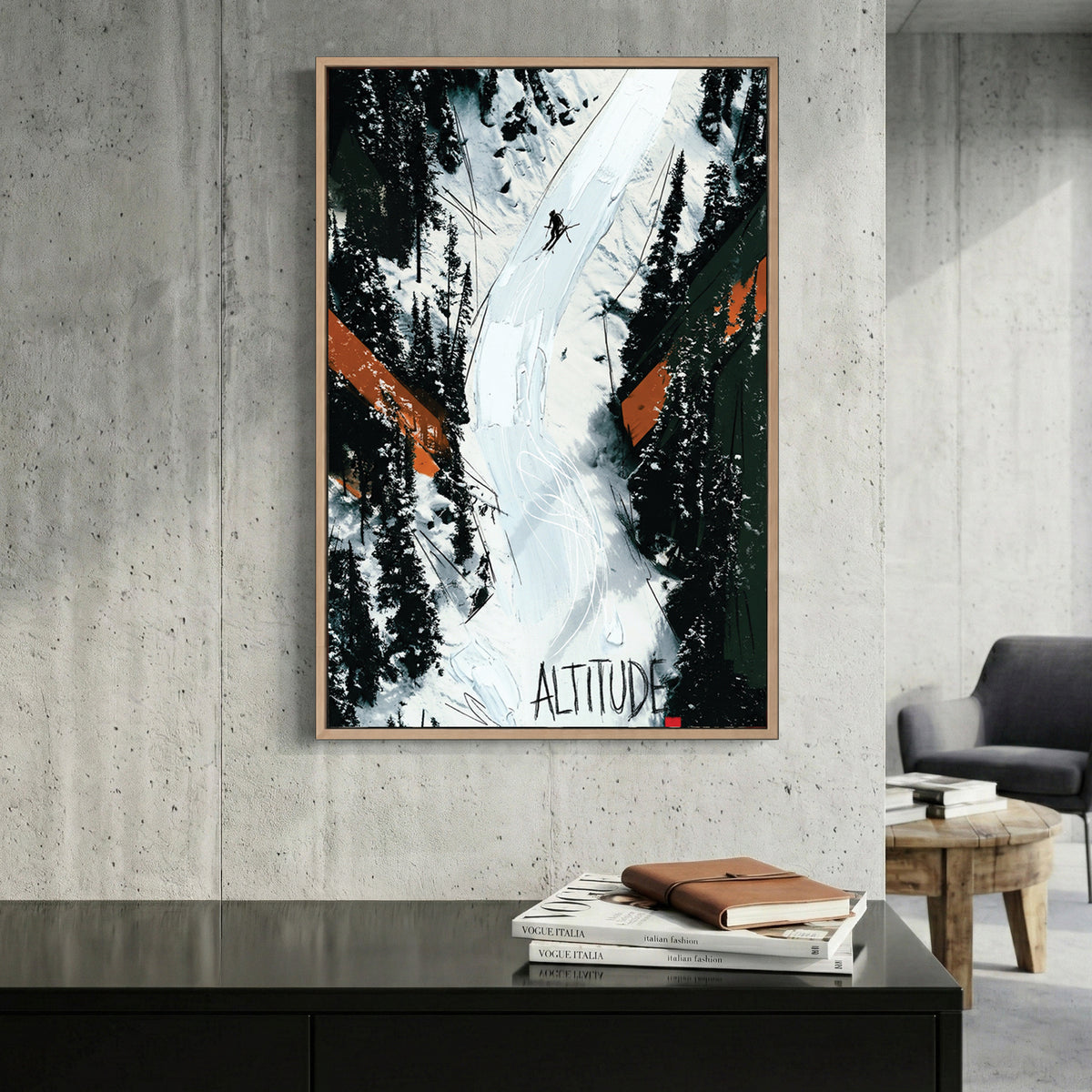 Altitude Ski Slope Mountain canvas wall art print displayed in a styled living room