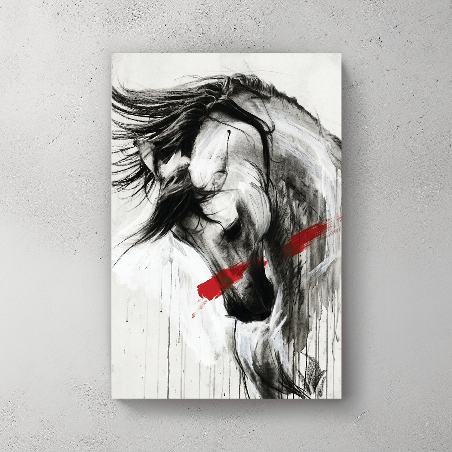 White horse head with flowing dark mane in black ink strokes, single red brushstroke slash across, abstract charcoal style, white background — canvas wall art print