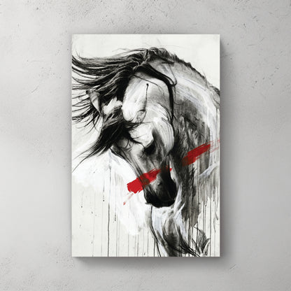 White horse head with flowing dark mane in black ink strokes, single red brushstroke slash across, abstract charcoal style, white background — canvas wall art print